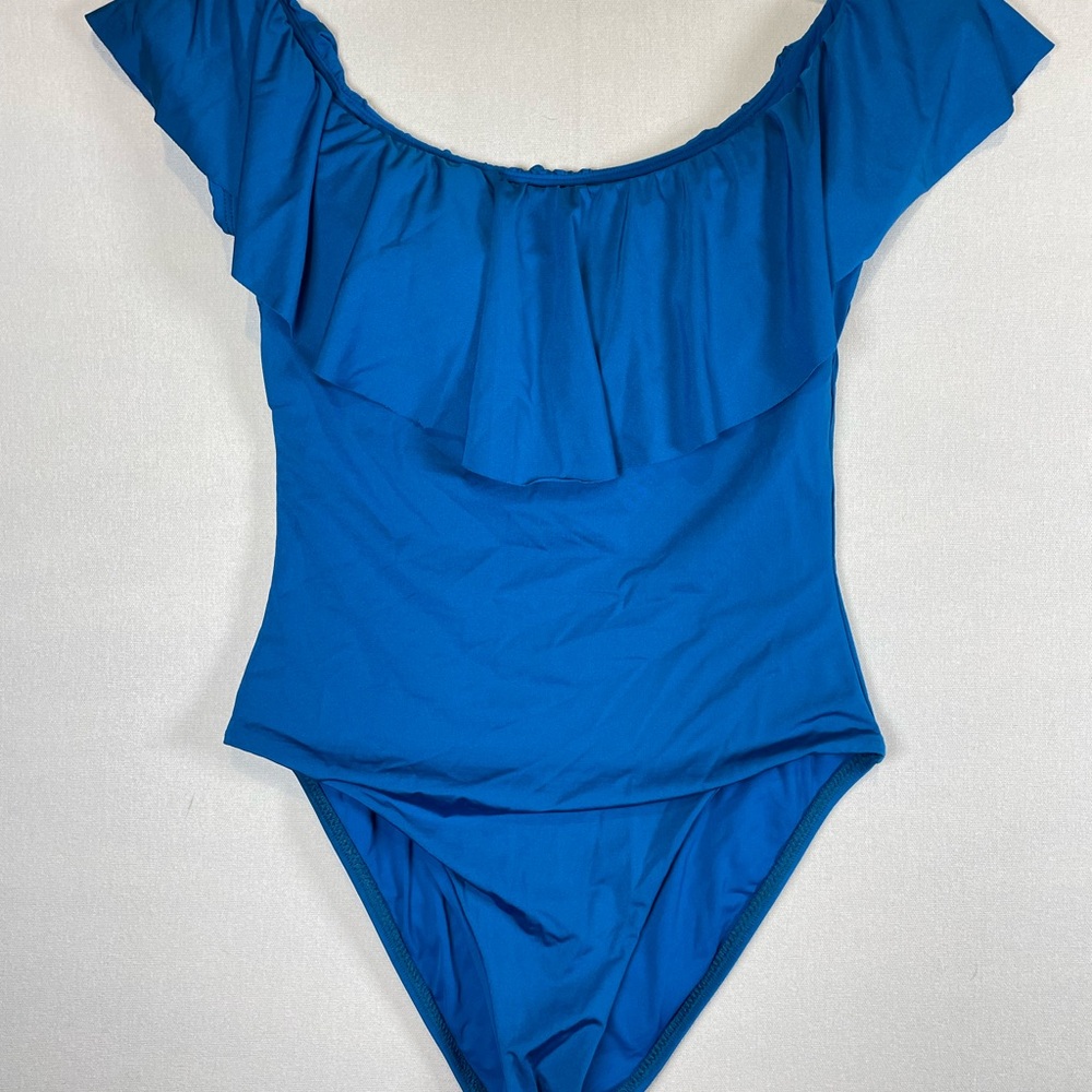 Trina Turk Blue Off Shoulder One Piece Swimsuit Womens 6 Ruffle - Picture 3 of 8